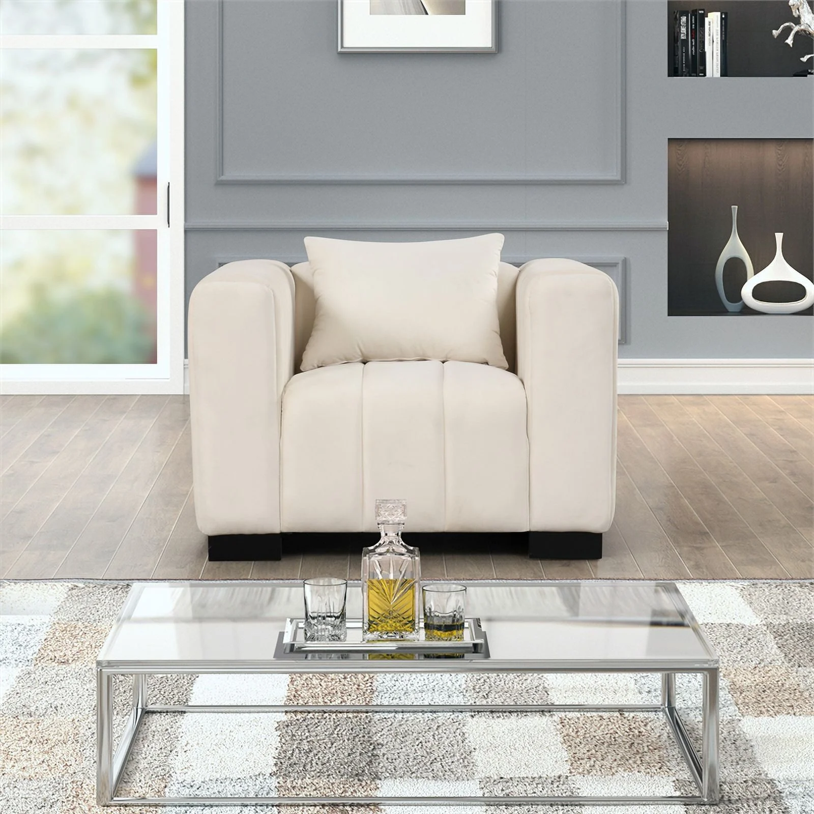 Rnfurnishings 3-PC Living Room Furniture Velvet Sofa+Loveseat+Armchair Set-Beige