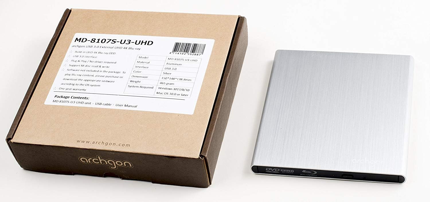 Premium Aluminum External USB 3.0 UHD 4K Blu-Ray Writer Super Drive for PC and Mac
