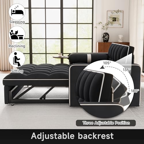 3 in 1 Sleeper Sofa Bed - Convertible Love Seat Couch with Side Table, Tufted Futon Sofa w/Pullout Bed, Adjustable Backrest, Cylinder Pillows, Small Sofa for Living Room, Apartment (Orange)