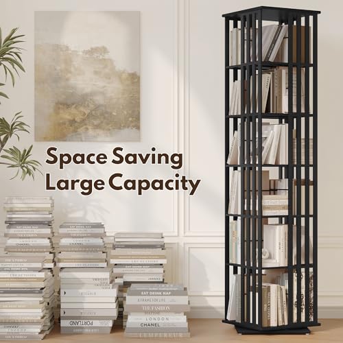 Rotating Bookshelf Tower, 360 Display Spinning Bookcase, Bamboo Bookshelf Floor Standing Storage Rack, Wood Narrow Book Shelf Organizer for Kids&Adults, Walnut 6 Tier