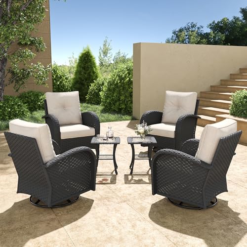 5 Pieces Wicker Patio Furniture Set, Luxury Outdoor Conversation Set with High Back Swivel Rocker Chairs