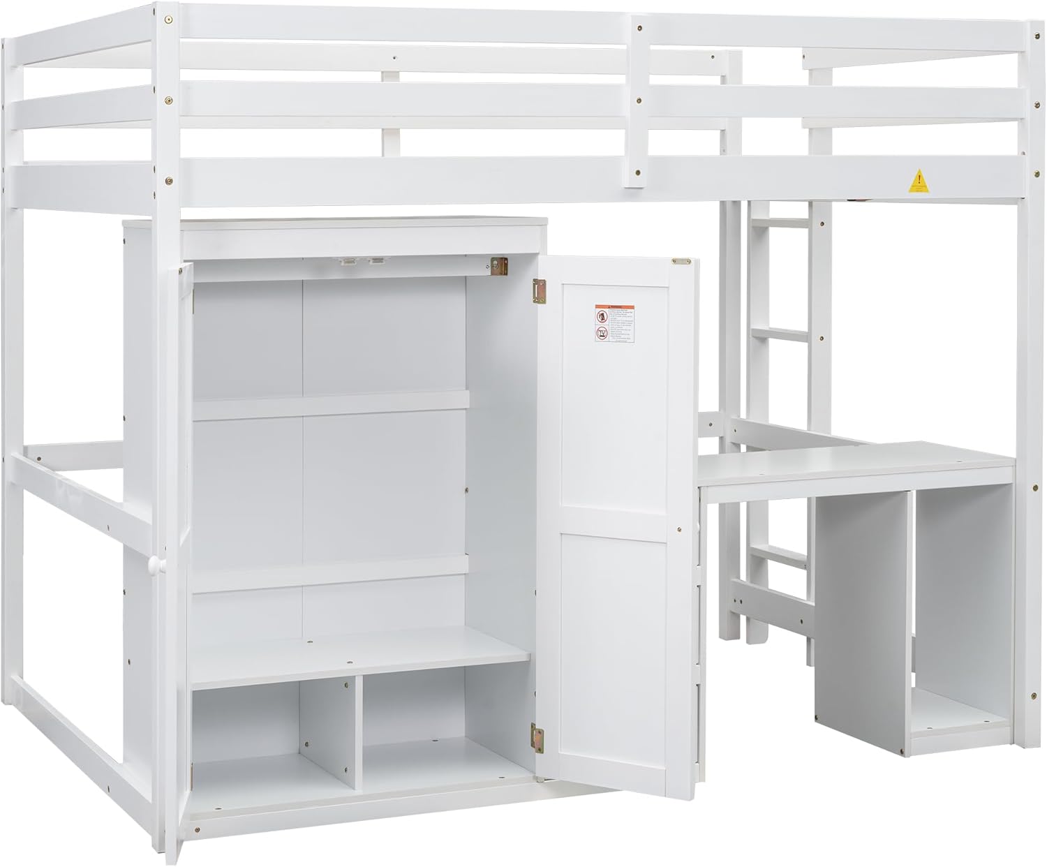 Full Size Loft Bed with Desk & 3 Storage Drawers & Wardrobe Design for Kids Bedroom,Solid Wood Bedframe w/Ladder & Safety Guardrails,No Box Spring Needed & Super Save Space, White