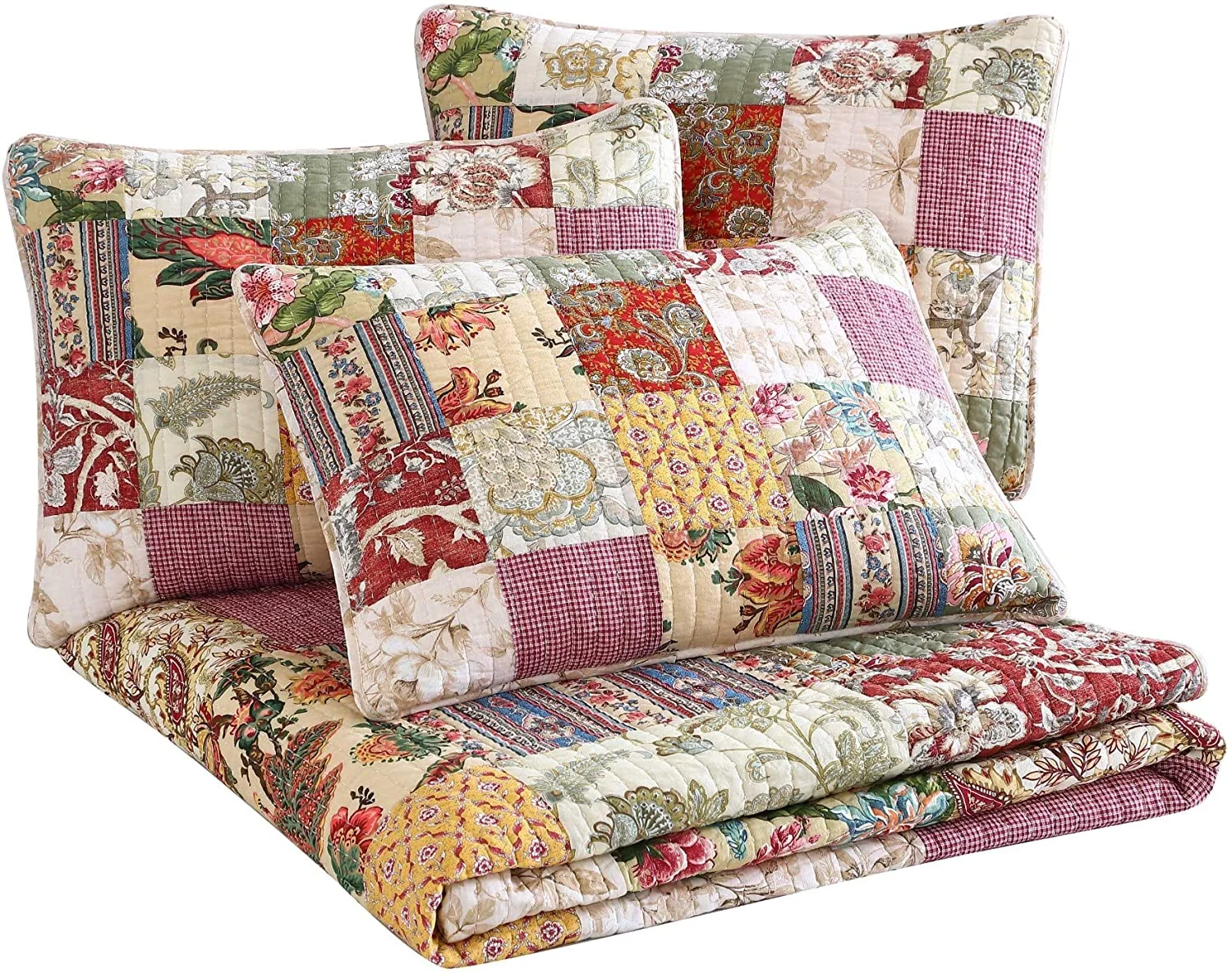 Chezmoi Collection Delaney 5-Piece Floral Patchwork Reversible 100% Cotton Vintage Washed Quilted Daybed Set