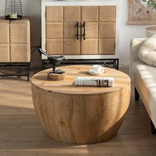 31.50" Round Drum Coffee Table - Round Wood Coffee Table with Bucket Shaped and Vintage Style, Unique Coffee Table with Storage Function, Circular Coffee Tables for Living Room (Brown)