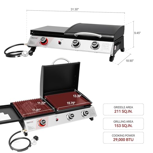 Royal Gourmet PD1305H 3 Burner Propane Gas Grill and Griddle Combo with Lid, 3-in-1 Grill Griddle Combo with 29,000 BTUs Output for Outdoor Cooking, 364 Sq. In. Cooking Area, Silver & Black