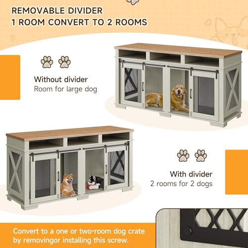 71" Dog Crate Furniture for 2 Dogs, Dog Kennel with 3 Storage Drawers & Removable Divider, Extra Large Double Dog Cage As TV Stand, Furniture Style Dog Crates with Sliding Barn Door
