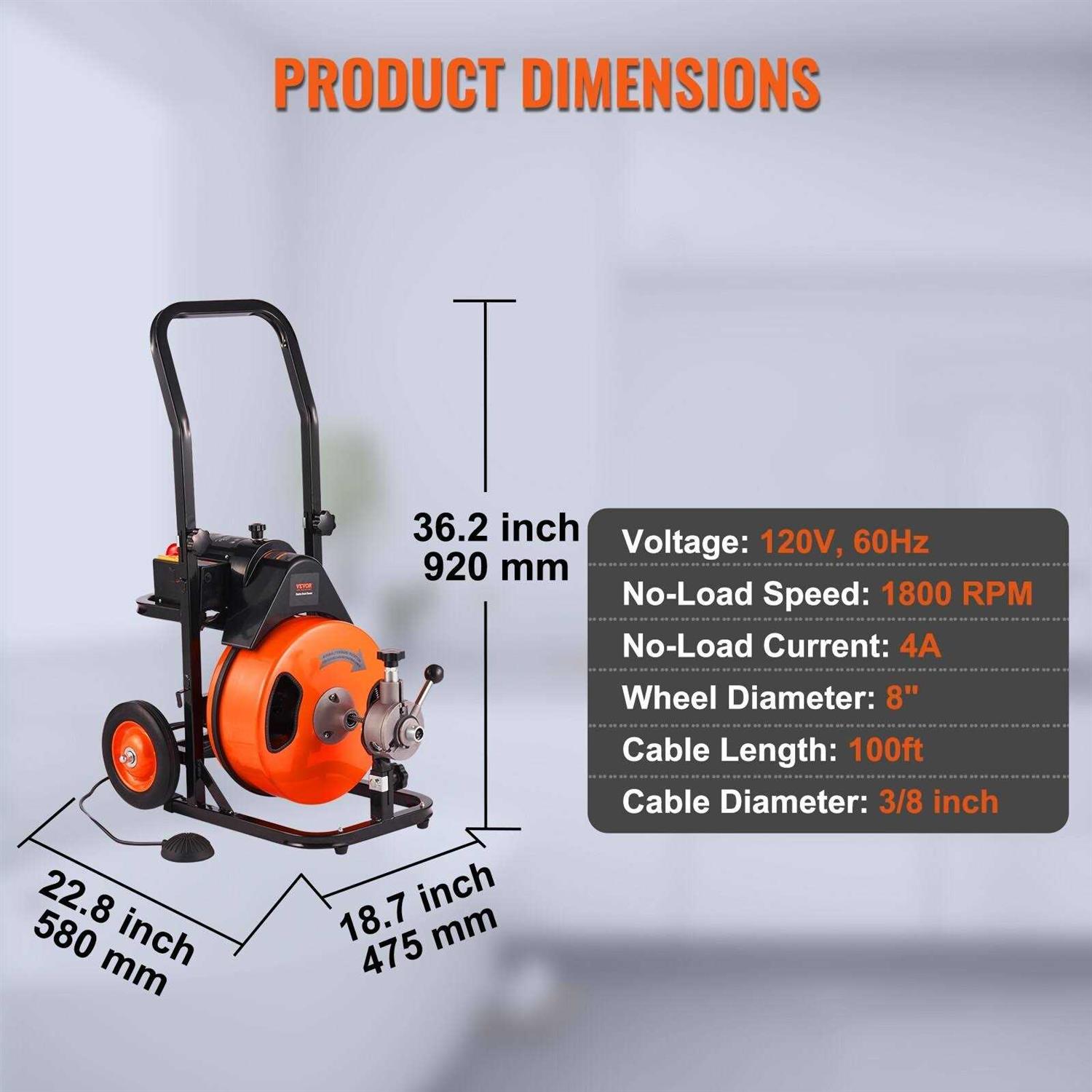 VEVOR Electric Drain Auger 50 ft. x 1/2 in. Drain Cleaner Machine Auto Feed with 4 1 in. to 4 in. Pipes
