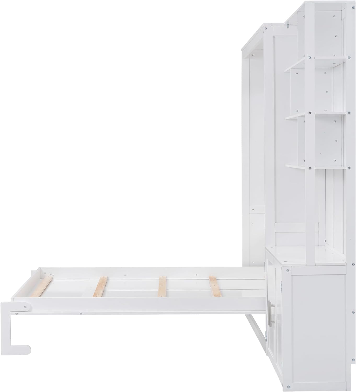 Full Size Murphy Bed with Tall Storage Cabinet & Shelves, Modern Cube Folding Bedframe with Wooden Slat Supports, Space-Saving Design, Ider for Bedroom, Guest Room, Apartment, white