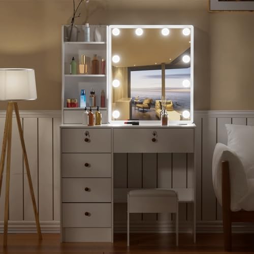 Vanity Desk with Mirror with Lights and Large Drawers, 3 Color Modes Dimmer Switch 10 Light Bulbs Makeup Vanity Set with Cushioned Stool for Girls, Women. White