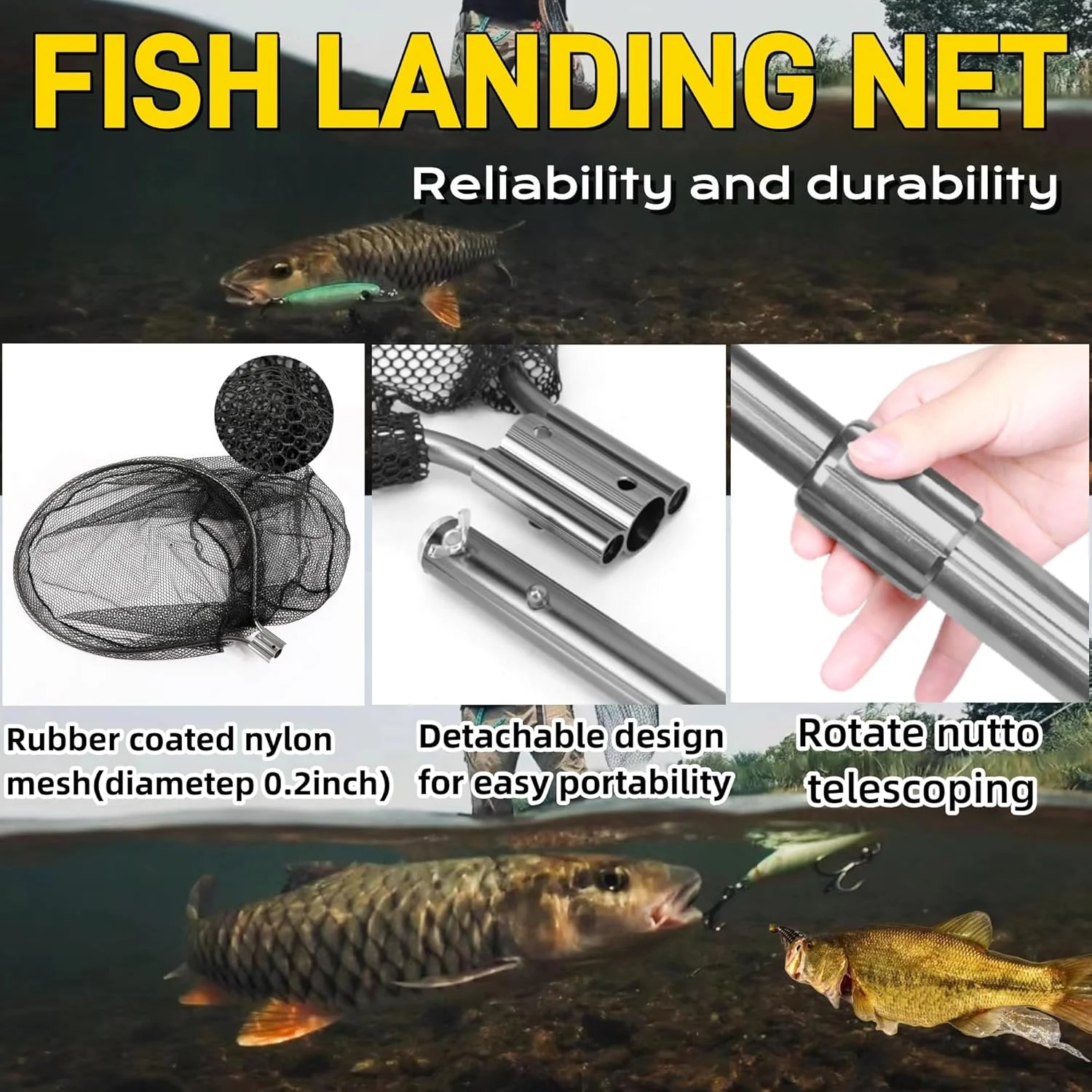 Unbranded Fishing Net with 67-100 Inch Telescoping Handle, 20 Inch Net Opening