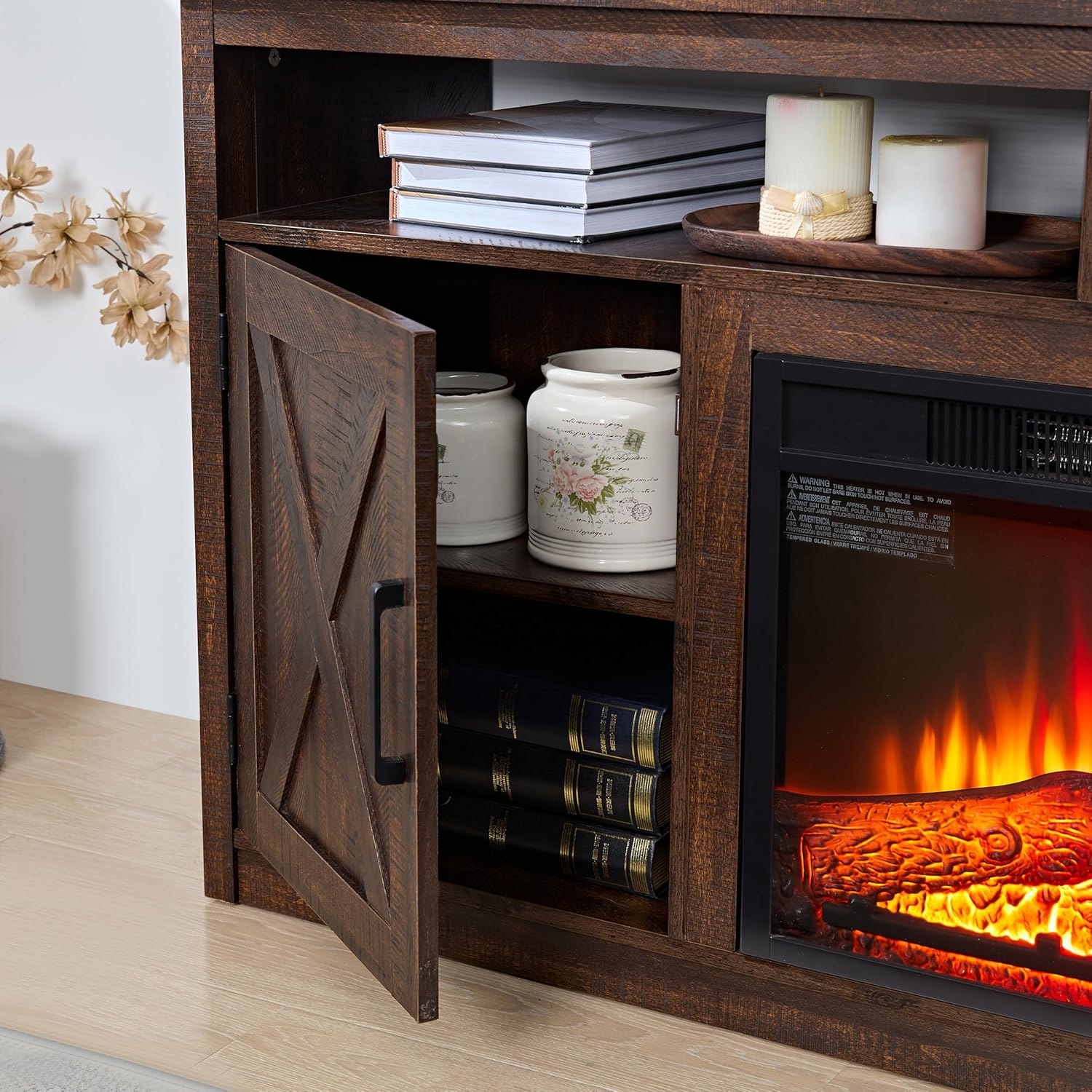 CHARMMA Farmhouse TV Media Stand, Large Barn Inspired Home Entertainment Console, with 18" Fireplace Insert, for TV Up to 65", with Open Shelves and Closed Cabinets, Espresso 57.87 * 15.75 * 30.31