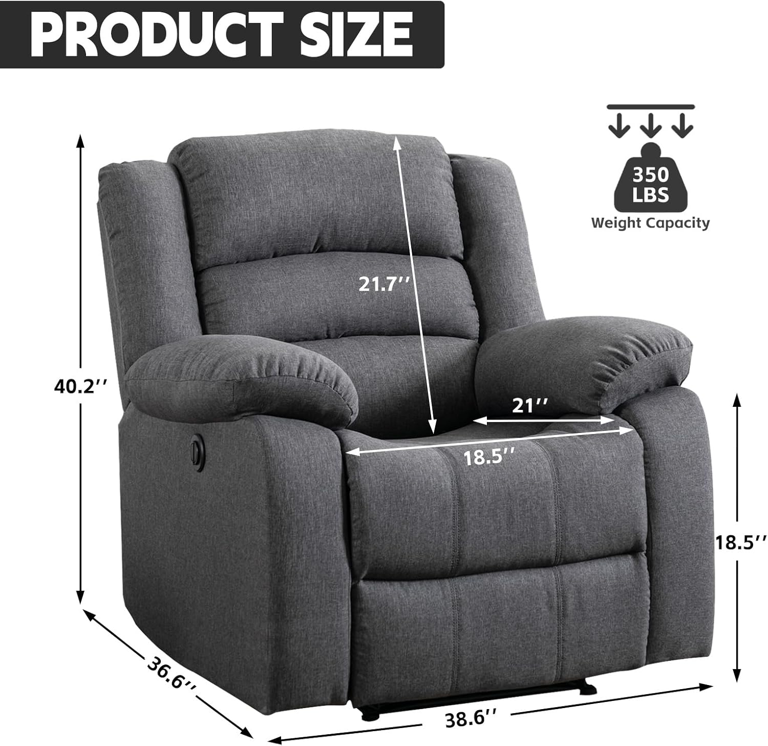 Power Recliner Chair, Soft Fabric Electric Reclining Chair with Overstuffed Back and Arm, Classic Single Sofa Recliner Chair for Living Room, Bedroom, Home Theater (Grey)