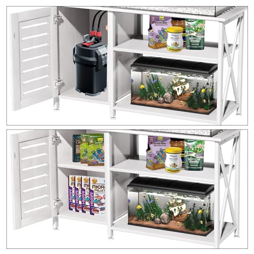 55-75 Gallon Fish Tank Stand, Aquarium Stand with Power Outlets and Cabinet for Fish Tank Accessories Storage, Heavy Duty Metal Frame, 52" L*19.68" W Tabletop, 1200LBS Capacity, White PG05YGW