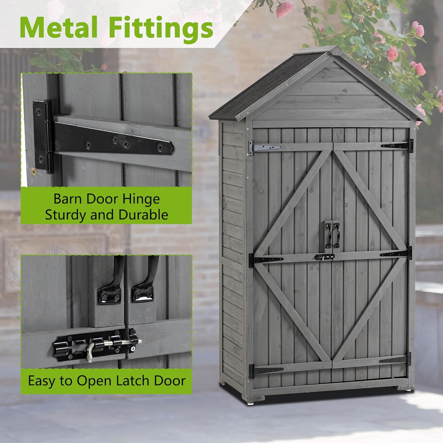 3x2 FT Outdoor Wooden Storage Shed with Lockable Door, Waterproof Asphalt Roof, Detachable Shelves, Outside & Indoor Tool Shed for Garden Backyard Lawn