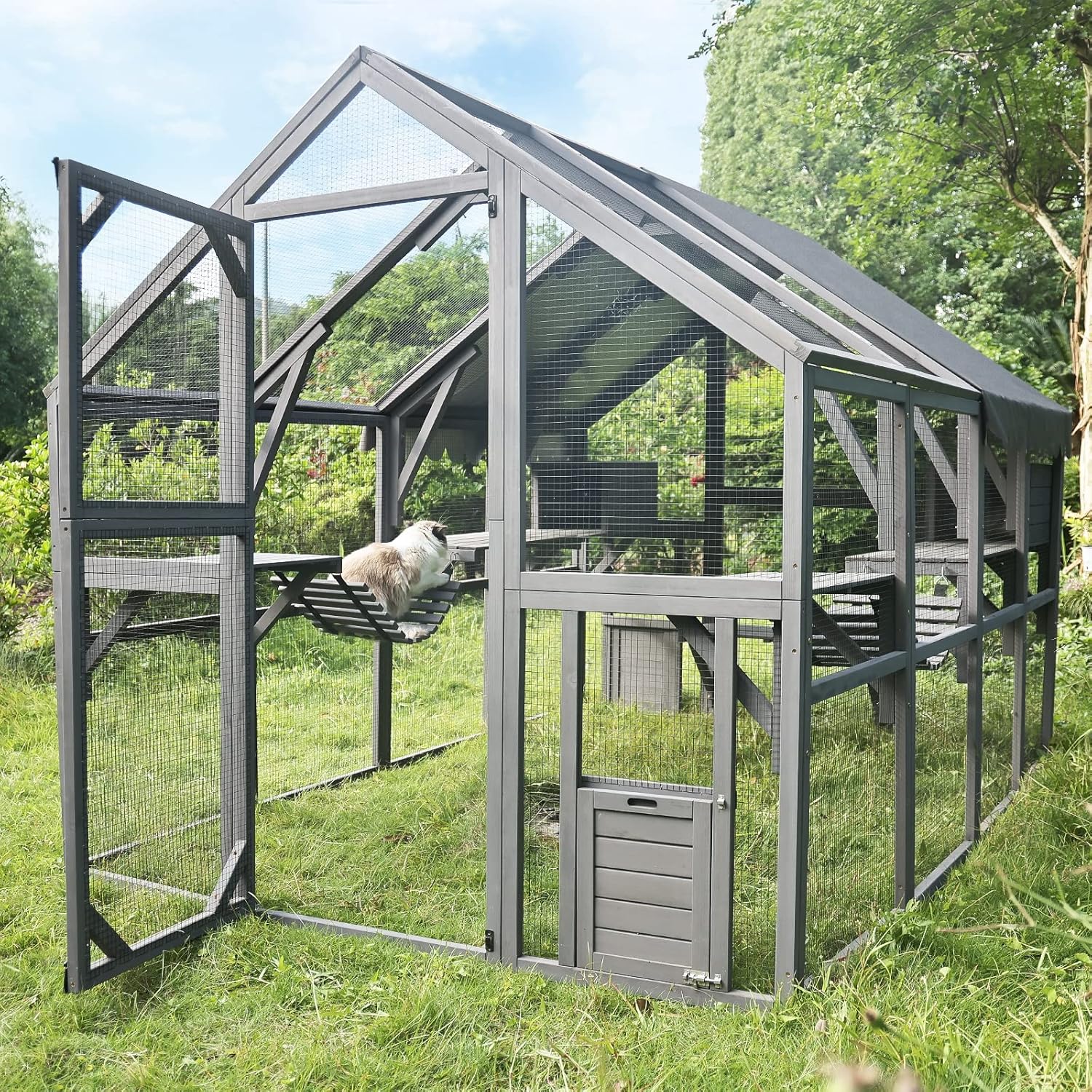 Catio Outdoor Cat Enclosure Large Cat House for Mulitiple Cats Walk in Cat Cage with Waterproof Roof, 6 Platforms Wooden Feral Cat Play Run Shelter, 60" H