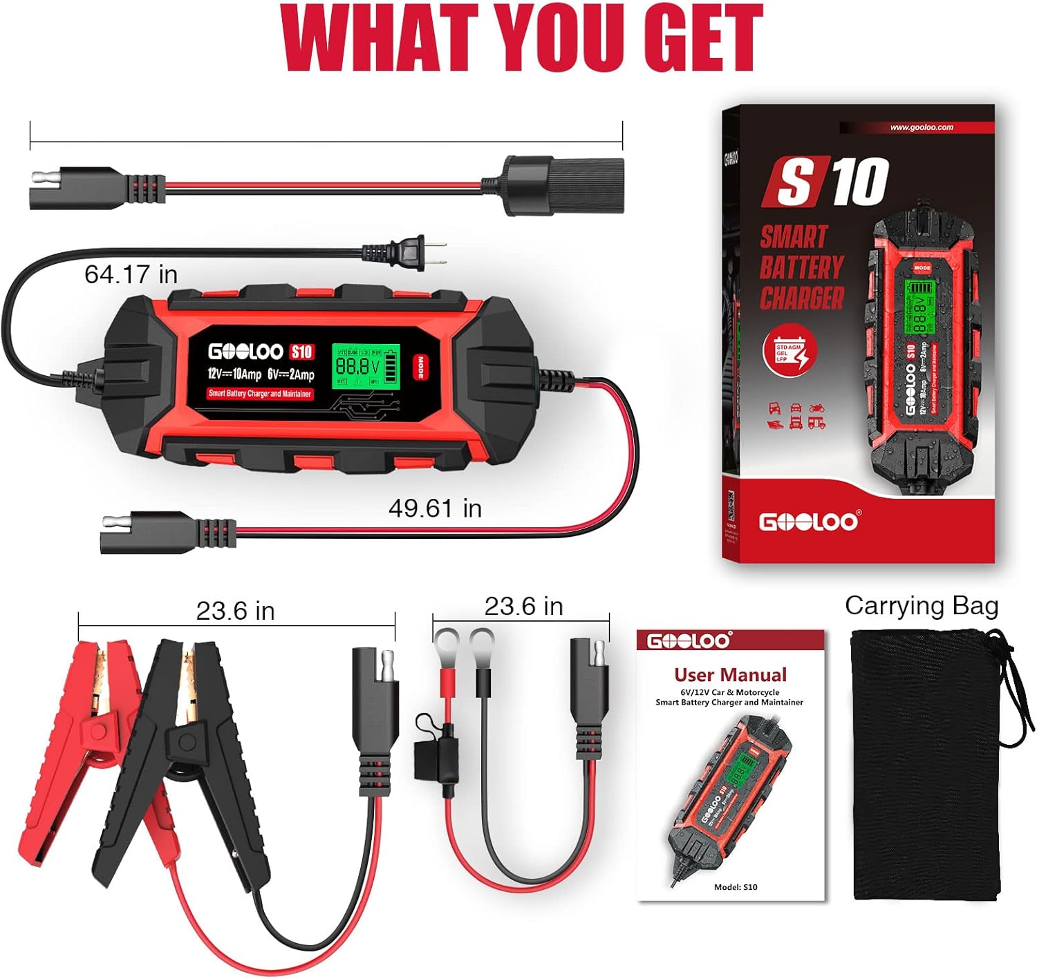 GOOLOO 10-Amp Car Battery Charger, 6V and 12V Fully Automatic Battery Charger Maintainer, Trickle Charger, Supersafe Smart Battery Desulfator for Lead-Acid Batteries(S10)