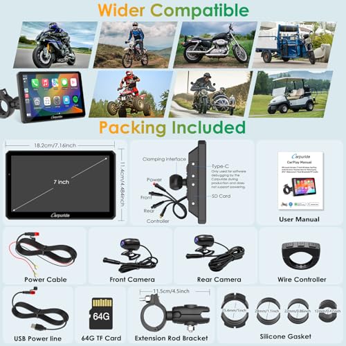 Carpuride W712D Motorcycle Carplay Screen with HD 1080 Dual Dash Cam, Wireless Car Play and Android Auto, 7" Waterproof Rotatable Navigation Touchscreen, Loop Recording, Bluetooth, Wired Controller