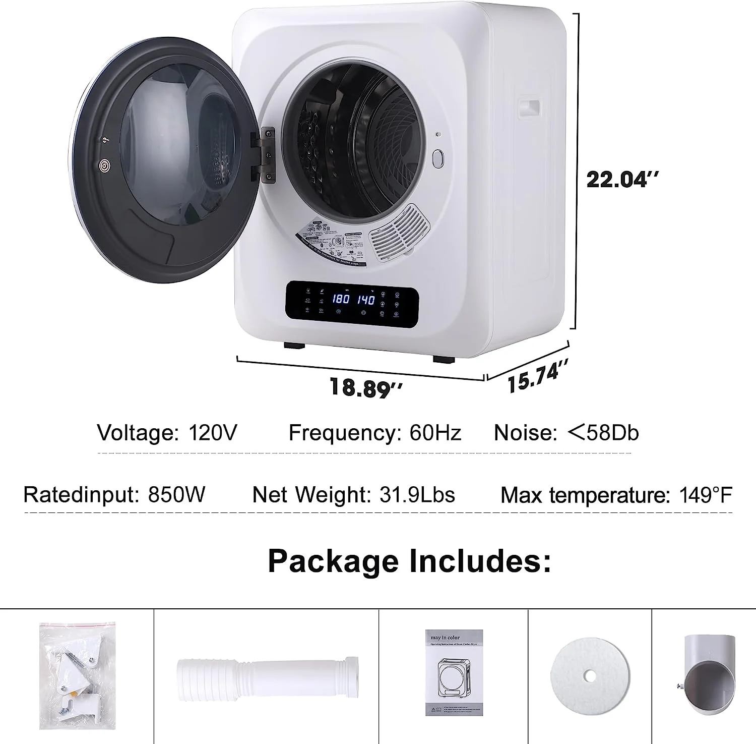 CozyHom Compact Electric Dryer Laundry Dryer, Portable Clothes Dryer Machine with Stainless Steel Drum, White