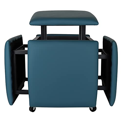 5 in 1 Nesting Ottoman Cube Chair, Stackable Stools, Leather Square Ottoman Bench, Foot Stool with Wheels for Living Room,Dining Room 15.75x15.75x16.54 inches
