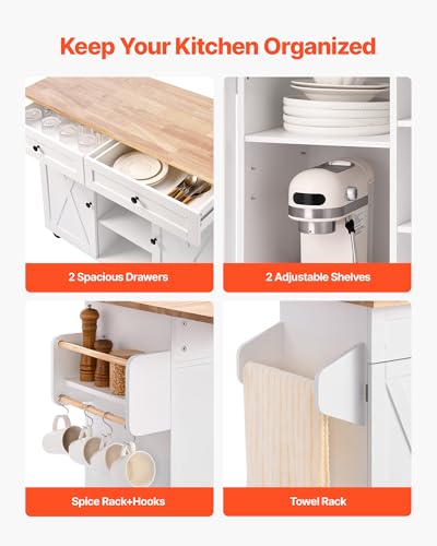 VEVOR Kitchen Island Cart with Solid Wood Top, 35.4" Width Mobile Carts with Storage Cabinet, Rolling Kitchen Table with Spice Rack, Towel Rack, and Drawer, Portable Islands on Wheels, White