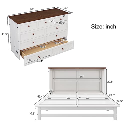 Full Murphy Bed, Full Murphy Cabinet Bed with Storage Drawers, Murphy Bed with Charging Station, Wood Murphy Bed Cabinet Bed, Murphy Bed Chest Murphy Bed Frame Wall Bed for Guest Bedroom, White+Walnut