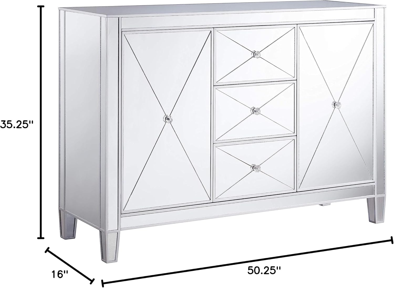 SEI Furniture Mirage Mirrored 3 Drawers, Faux Crystal Knobs, and Matte Silver Trim Cabinet