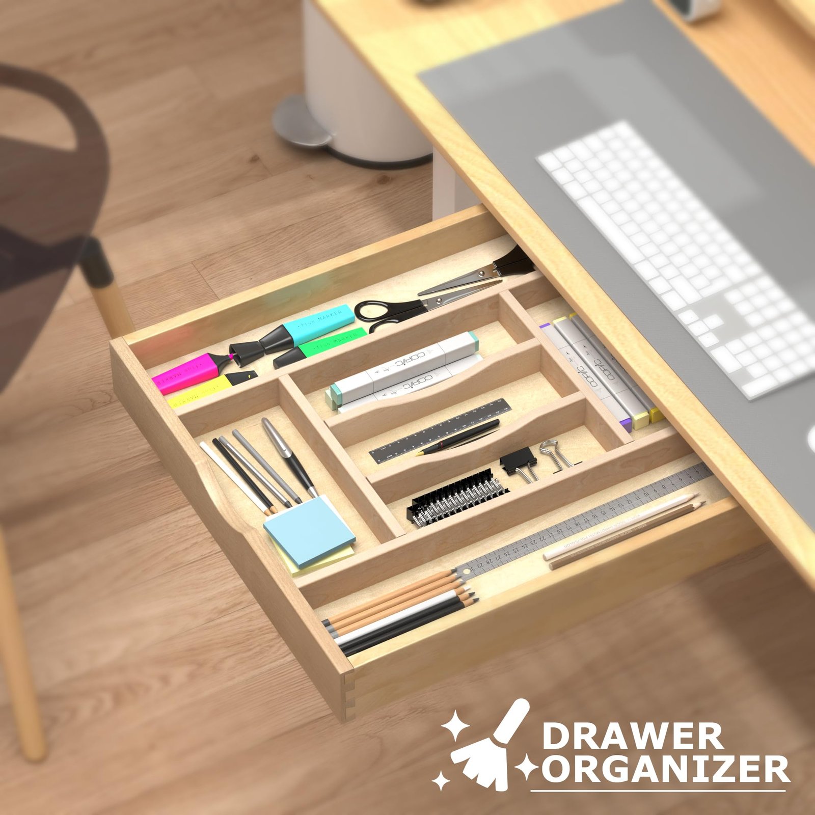 7 Slot 20x19Utensil/Tool/Junk Drawer Organizer Tray w/Divider (Natural Wood)