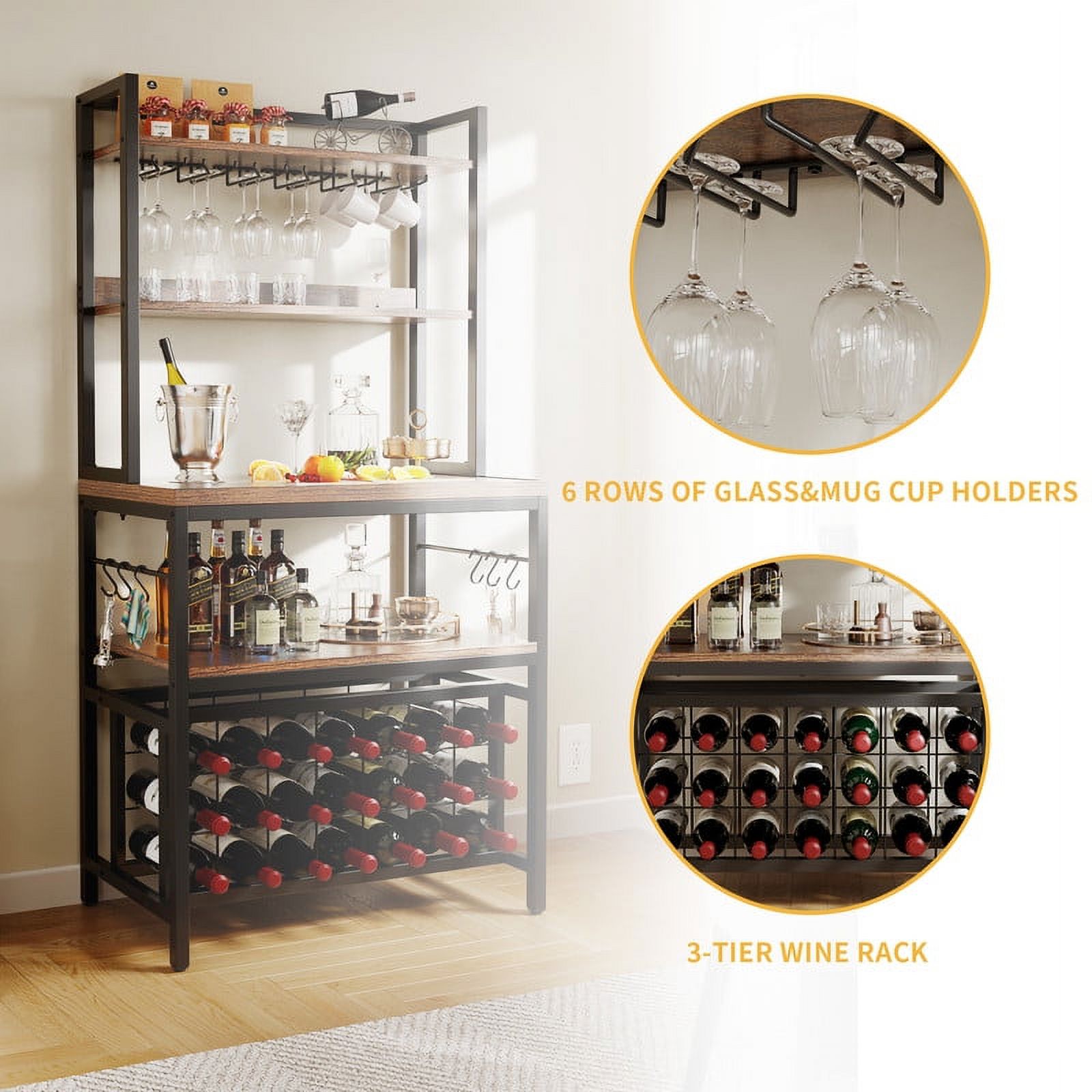 DWVO 4 Tier Coffee Bar Station, 31.5" Freestanding Kitchen Bakers Rack with Wine Rack, Kitchen Microwave Stand with Power Outlet and Hooks for Home, Dinning Room, Rustic Brown
