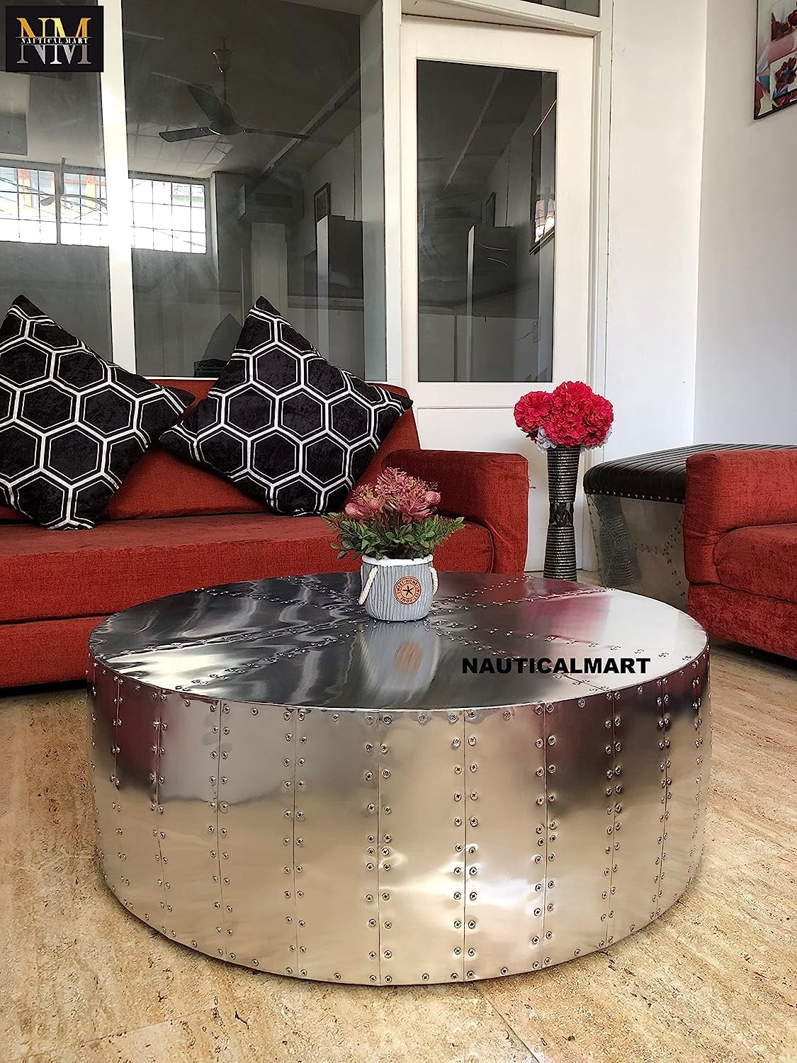 NauticalMart Aluminum Drum Shaped Coffee Table Hammered Coffee Table Aviator Living Room Furniture - Office Decor & Office Furniture (30 Inches)