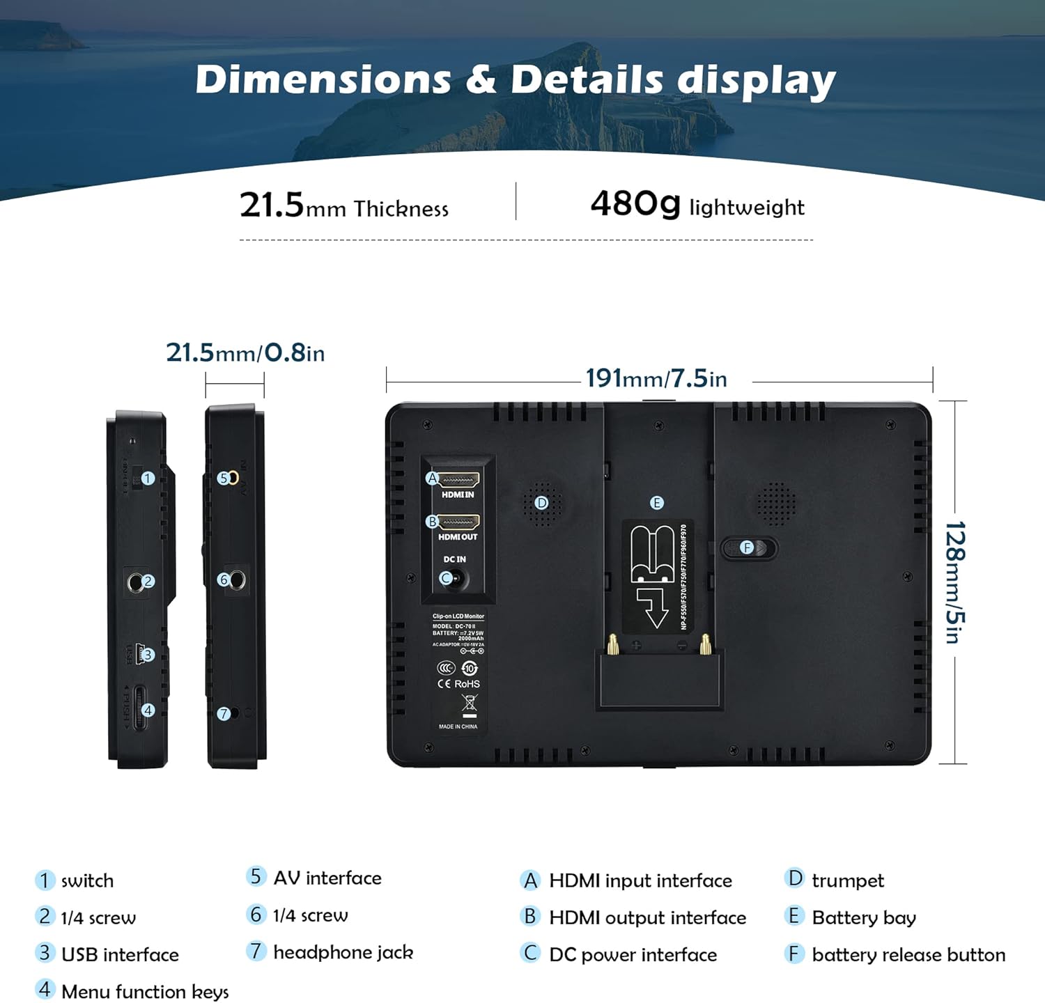 VILTROX DC-70 II 7 inch Camera Video Monitor, 4K Camera Field Monitor Kit with HDMI AV Input/Output for Canon Nikon Sony DSLR Camera, Peaking Focus Assist Video Monitor with Sunshade Hood/Battery