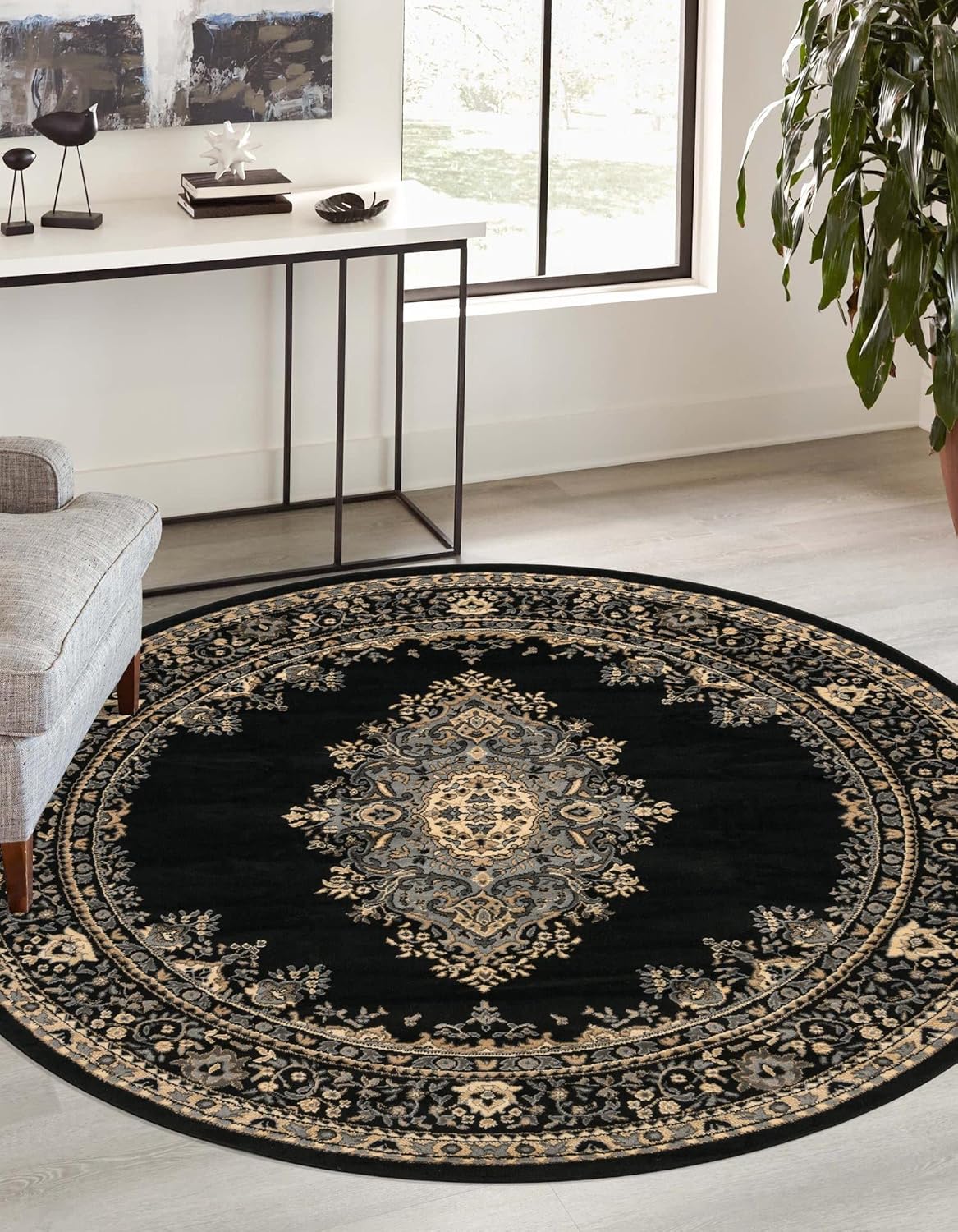 Rugs.com Amaya Collection Rug – 8 Ft Round Black Medium Rug Perfect for Kitchens, Dining Rooms