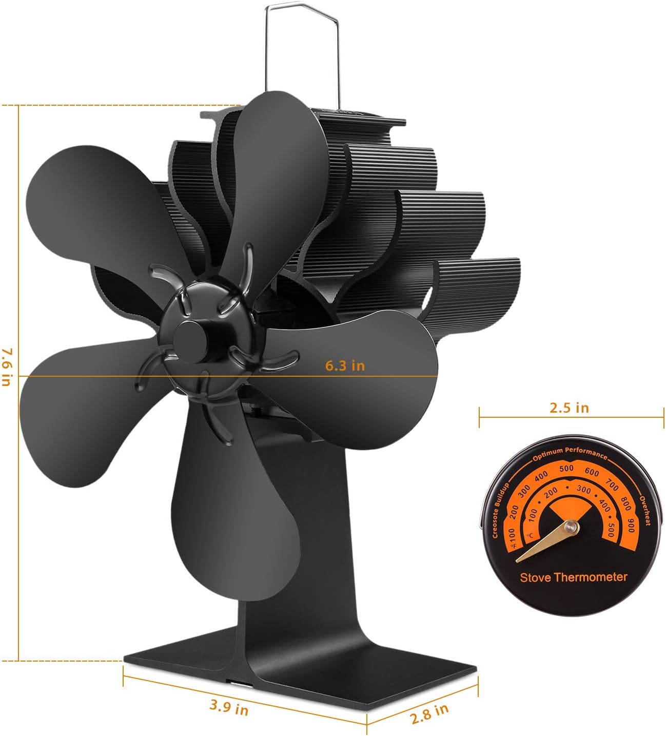 Slivek 5-Blades Fireplace Stove Fan, Silent Motors Heat Powered Stove Fan with Thermometer for Wood, Log Burner, Fireplace Pack of 2