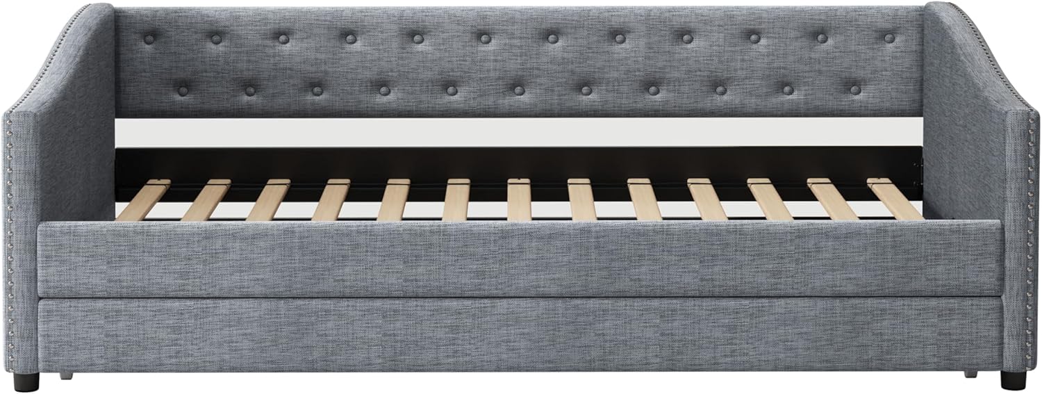 Twin Size Daybed with Twin Size Trundle Upholstered Tufted Sofa Bed, with Button on Back and Copper Nail on Waved Shape Arms, Light Grey