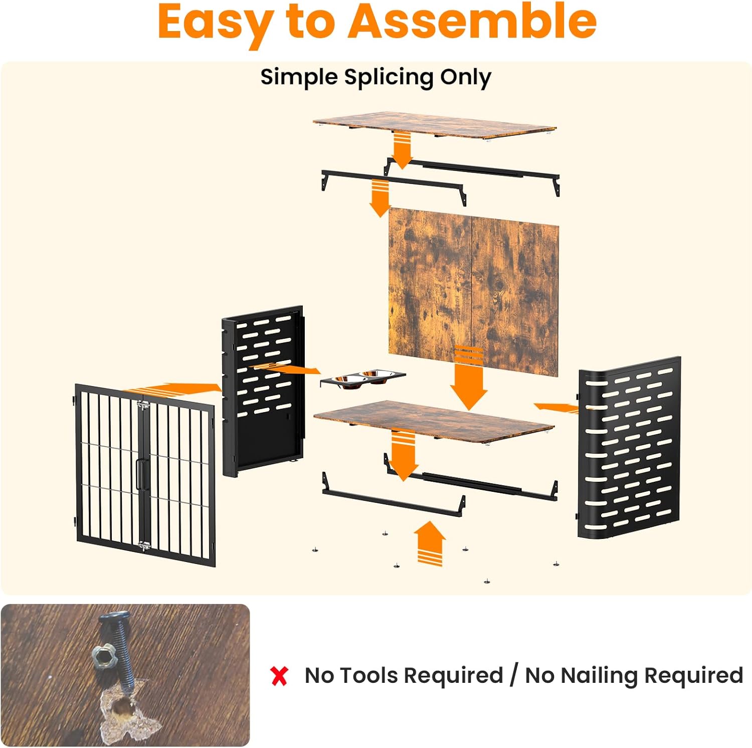 Dog Crate Furniture, 40 Inch No Screws Easy to Assemble Wooden Heavy Duty Large Dog Kennel End Table, with 360° Adjustable Bowl for Large and Medium Dogs, Chew-Resistant, Rustic Brow