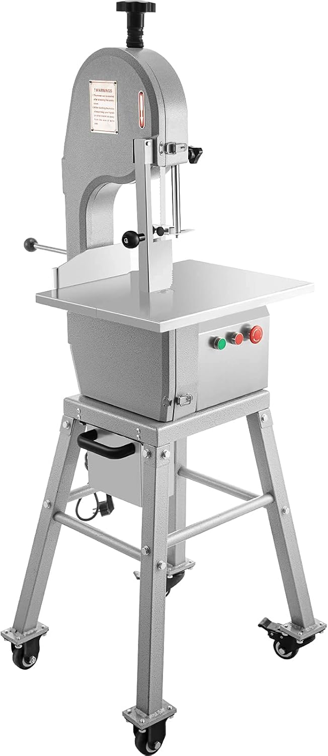 VEVOR 110V Bone Saw Machine 850W Frozen Meat Cutter 1.16HP Butcher Bandsaw Thickness Range 4-180mm Max Cutting Height 220mm Work Table 18.3x14.4inch Sawing Speed 19m/s with 6 Saw Blades & Mobile Base