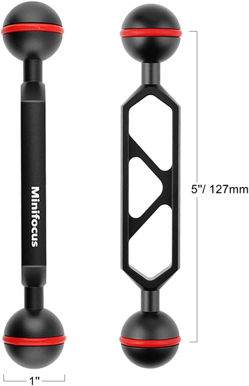 MINIFOCUS Double 1�� Ball Arm 5'' Scalable Aluminum Alloy Underwater CNC Arm System Connector Ball Head Extension for Strobe/Video Light/Diving Camera Tray, Waterproof and Rustproof