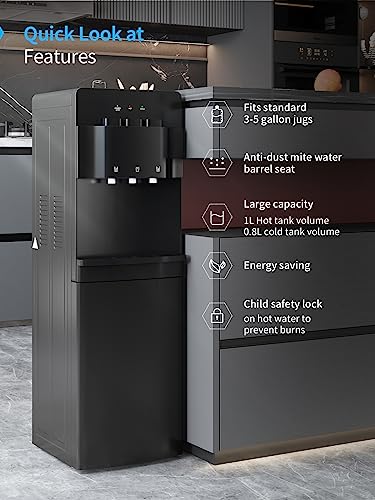 TABU Bottom Loading Water Cooler Dispenser of 3 Temperature Settings - Hot, Cold, Room Water, for 3 or 5 Gallon Bottles, with Child Safety Lock& Anti-Scalding Design, (Black)