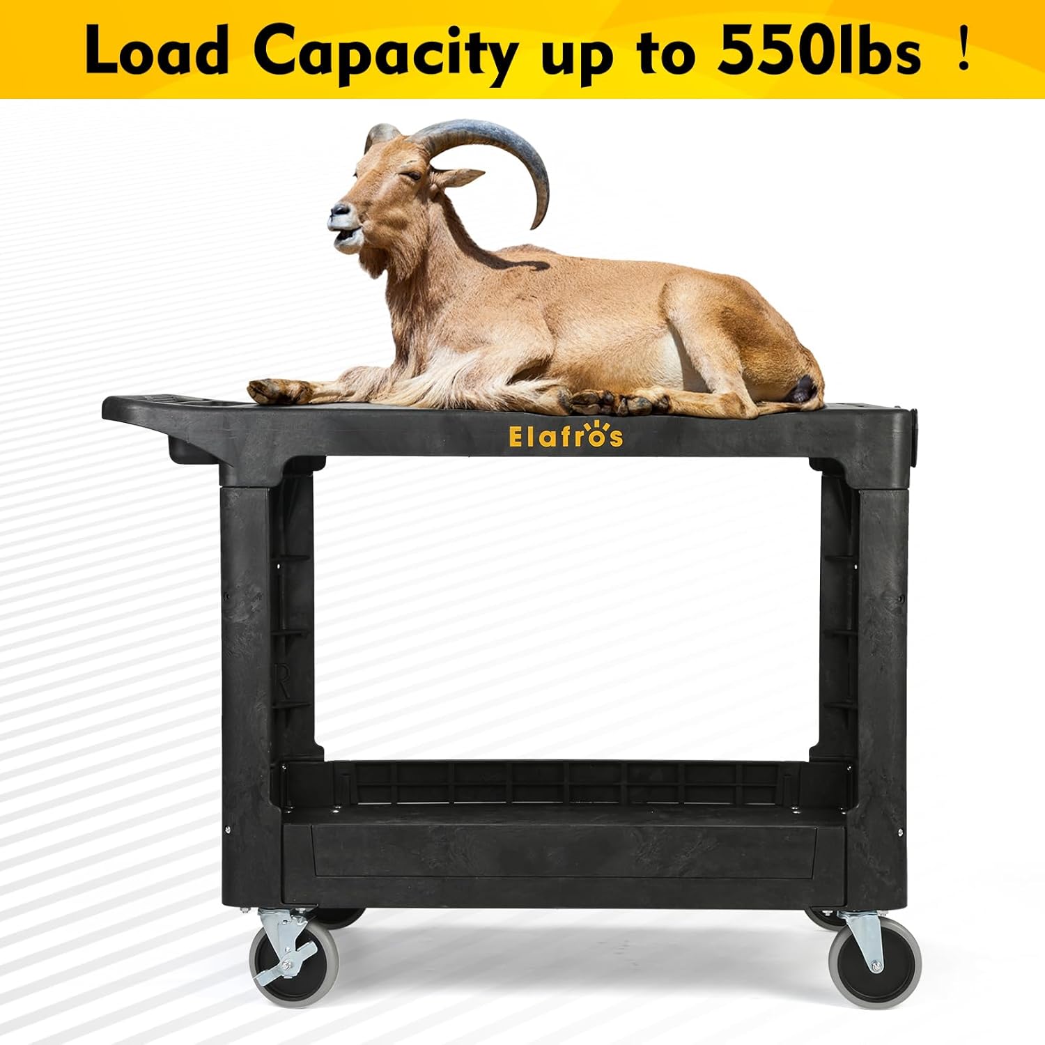 large Heavy Duty Plastic Utility Cart Flat top 42.5 x 25 Inch - Work Cart Flat Shelves and Full Swivel Wheels Holds up to 550 lbs - 2 Tier Service Cart for Warehouse,Garage, Cleaning Black