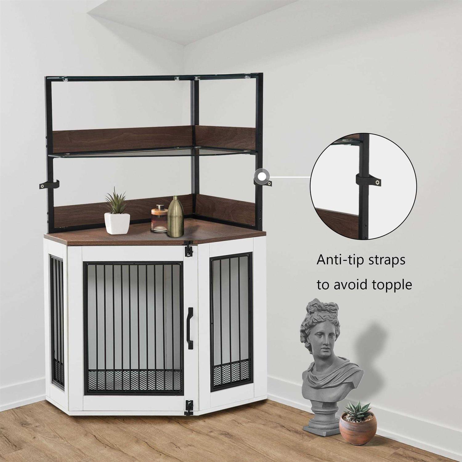 MCombo Corner Dog Crate Furniture with Glass Shelves Wooden Dog Kennel Furniture with Door - Pet Supplies online store