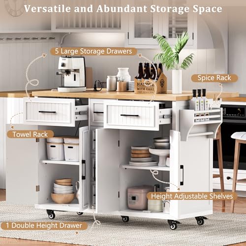 56.5" Rolling Kitchen Island with Storage on Wheels, Kitchen Cart with Drop Leaf & Power Outlet, Portable Island Table with 4 Doors, 5 Drawers, Spice Rack and Towel Bar for Dinning Room, Black