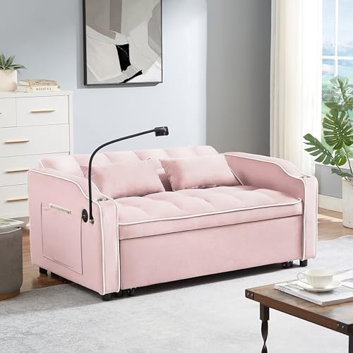 Pull Out Sofa Bed Velvet Sleeper Sofa Bed, Convertible Loveseat Sofa Bed with Reclining Backrest, USB Port, Ashtray Swivel Phone Stand and Pockets (Pink)