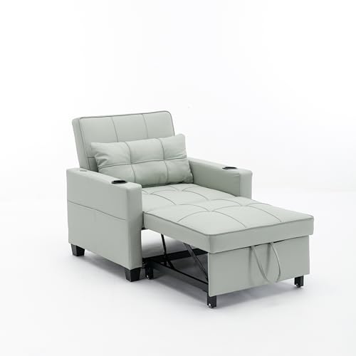 LUMISOL Sleeper Sofa Chair Bed for 2, Convertible Chair 3-in-1 Pullout Sleeper Chair Bed with USB Ports and Cup Hold, Adjustable Sleeper Chair for Living Room, Apartment, Green Tech Cloth