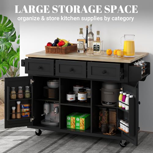 Large Kitchen Island On Wheels with Storage 54in Width Mobile Moveable Portable Rolling Wood Island for Kitchen Dining Room with Drawers Cabinet Spice Rack Towel Rack