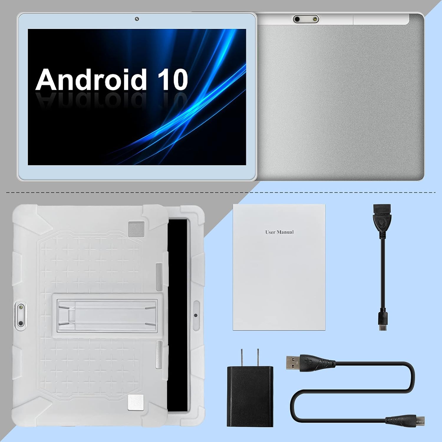 Android 10 Tablet 10.1 inch Octa-core Processor 2GB RAM 32GB Storage HD Touchscreen Tablets, 1280x800 IPS Display, Support 4G Phone Call, 2.4G Wi-Fi, Bluetooth 4.2, with PC Silicone Bracket Case