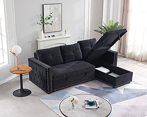 JULYFOX Black Sectional Sofa with Storage Chaise, Mid Century Modern Reversible L-Shaped Sleeper Sectional Sofa Bed Button Tufted Copper Nail Head Trim 90 inch Wide for Living Room Office