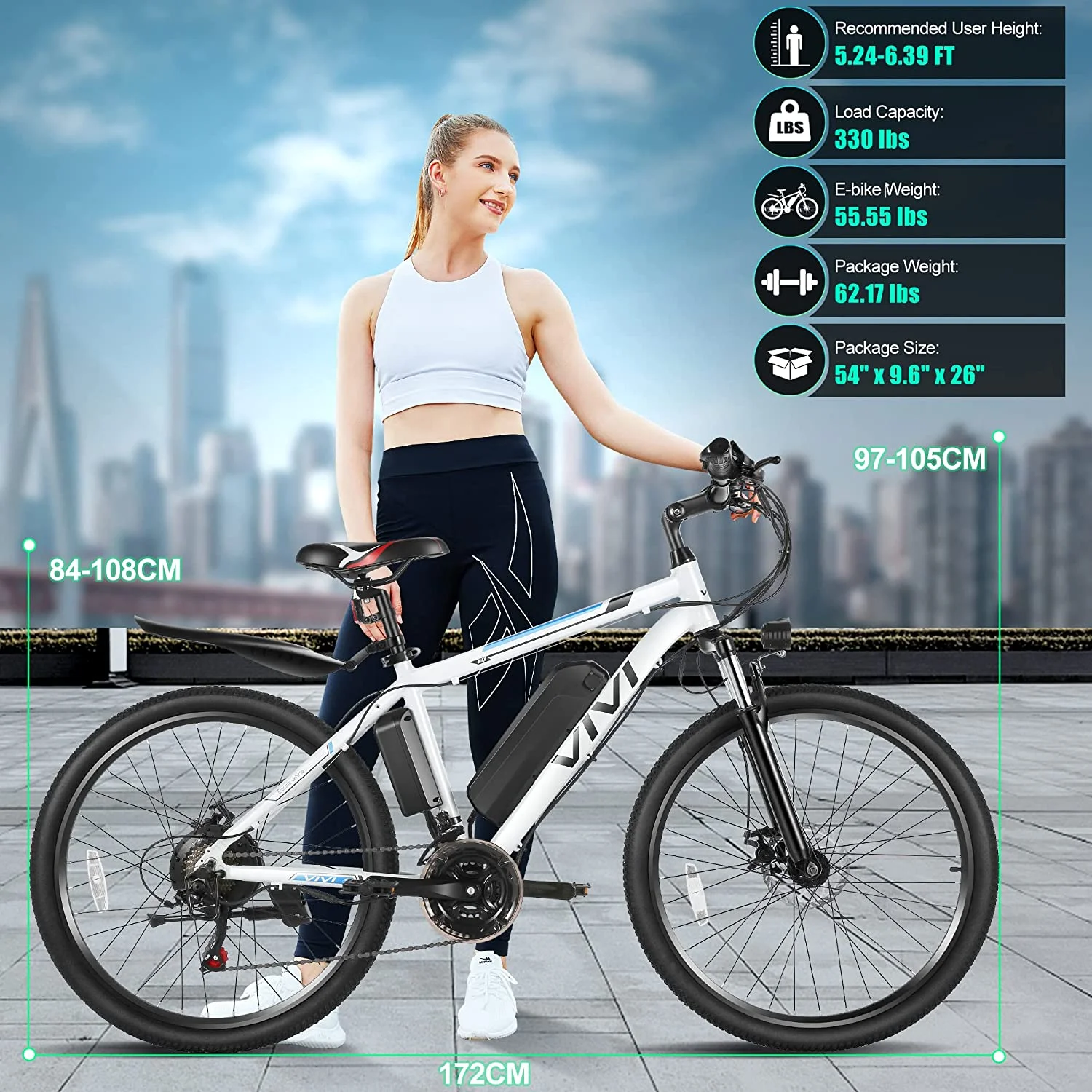 Vivi Electric Bike 26 Adult Electric Mountain Bike 500W Hardtail Electric Commuter Bike 21 Speed with Cruise Control Up to 20MPH & 50Miles