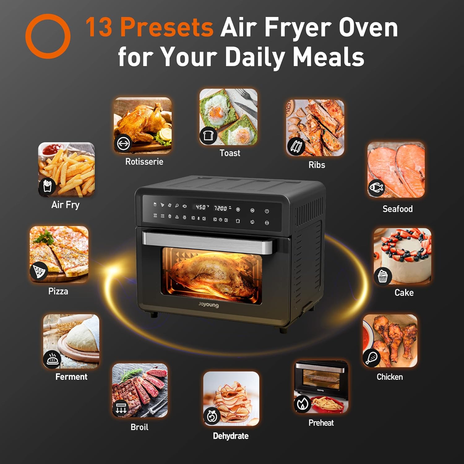 JOYOUNG Air Fryer Toaster Oven 28Qt Convection Oven for Less Oil 13 Preset Functions Air Fryer Oven LED Digital Touch Screen Countertop Oven with Wide Temp Range, Free Recipes, 1800W, Black