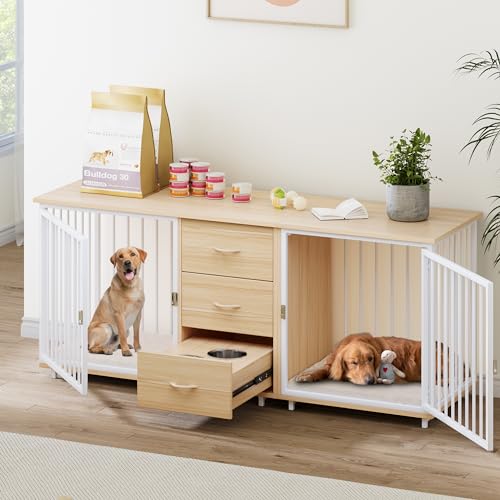 YITAHOME 74" Double Dog Crate Furniture with 2 Feeder Bowls, Wooden Dog Kennel TV Stand with Room Divider for 2 Large Medium Small Dogs, Walnut White