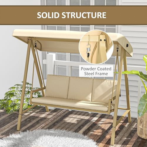 Outsunny 3-Seat Outdoor Porch Swing with Stand, Heavy Duty Patio Swing Chair with Adjustable Canopy, Removable Cushions, Breathable Mesh Seat for Garden, Backyard, and Poolside, Beige