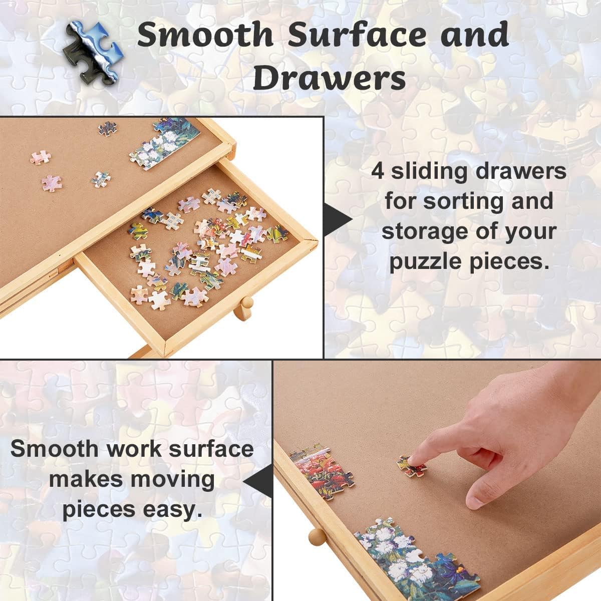1500 Piece Puzzle Board, 34" x 26" Wooden Jigsaw Puzzle Boards with Folding Legs and 4 Drawers, Smooth Fiberboard Work Surface, Puzzle Tables for Adults, Puzzle Table, Portable Folding Puzzle Tray
